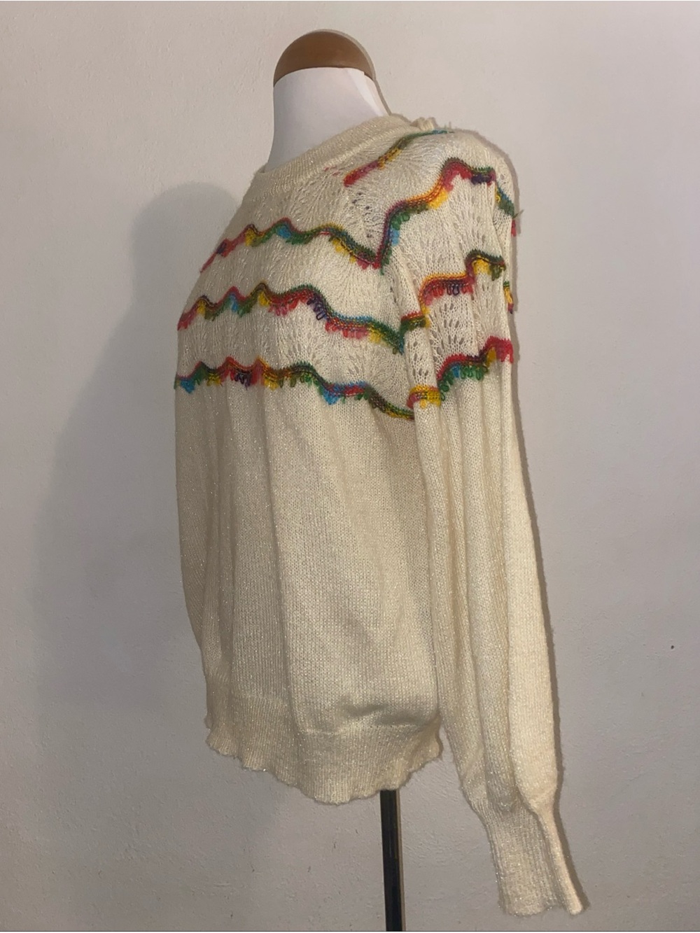 ANDTHEWHY Ivory Long Sleeve Sweater, Tie Neck, Multi Color Design, Eyelets S/M - Picture 4 of 7